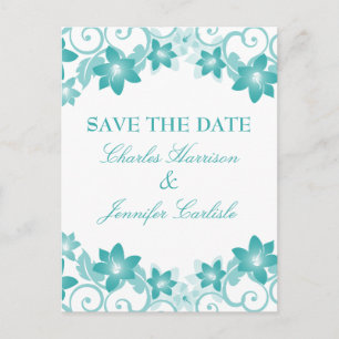 Aqua Simple Floral Save the Date Postcard