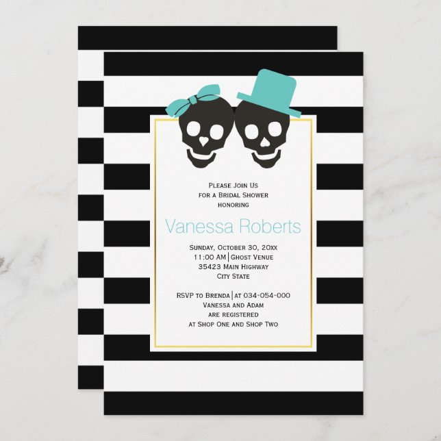 Aqua skulls and stripes wedding bridal shower invitation (Front/Back)