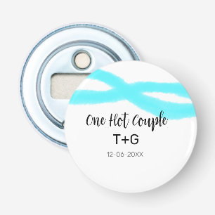 Aqua sky blue pastel one hot couple add name date bottle opener