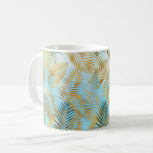 Aqua Sky Green Gold Tropical Leaves Coffee Mug