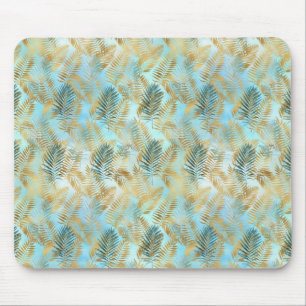 Aqua Sky Green Gold Tropical Leaves Mouse Pad