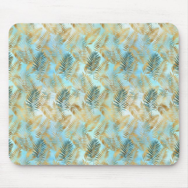Aqua Sky Green Gold Tropical Leaves          Mouse Pad (Front)