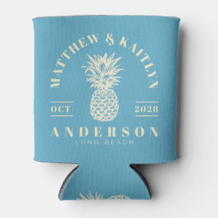 Aqua Sky Tropical Pineapple Wedding Crest Can Cooler