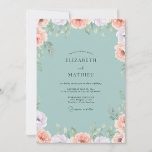 Aqua Soft Peach Peony Wedding Invitation