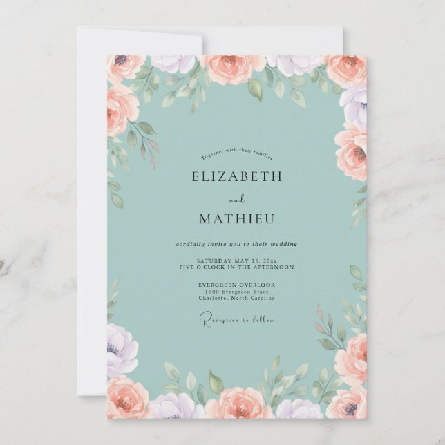 Aqua Soft Peach Peony Wedding Invitation (Front)