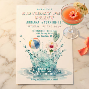 Aqua Splash Tween Girls Summer Pool Party Birthday Invitation