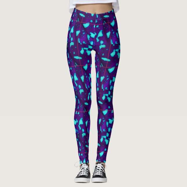 Aqua Splotches on Deep Purple Leggings (Front)