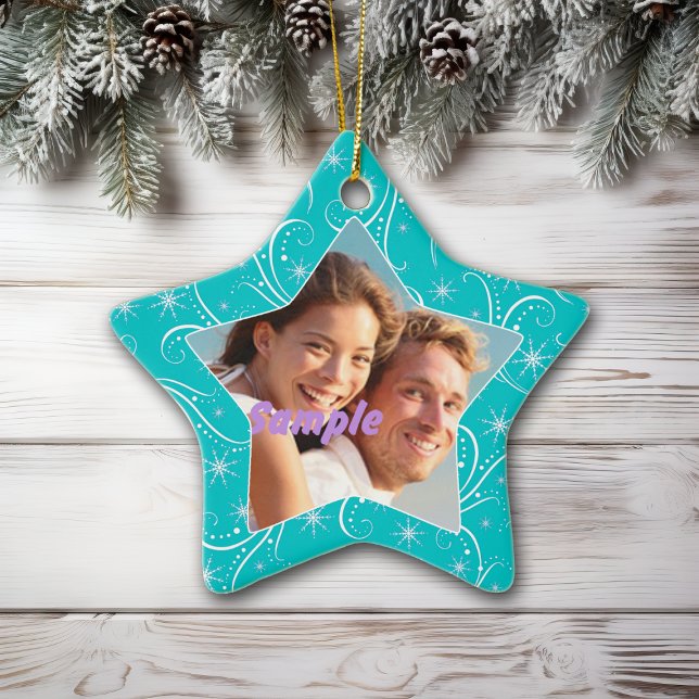 Aqua Star Swirl Christmas Photo Ornament (Creator Uploaded)