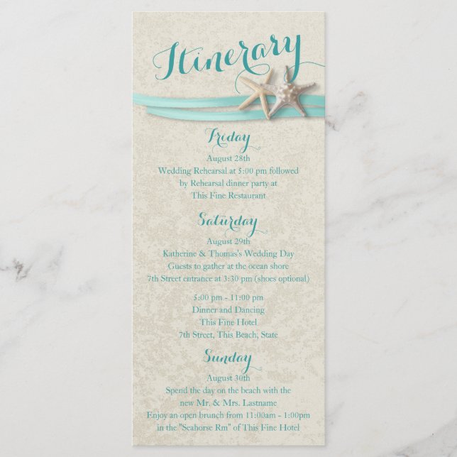 Aqua Starfish Beach Wedding Itinerary Programme (Front)