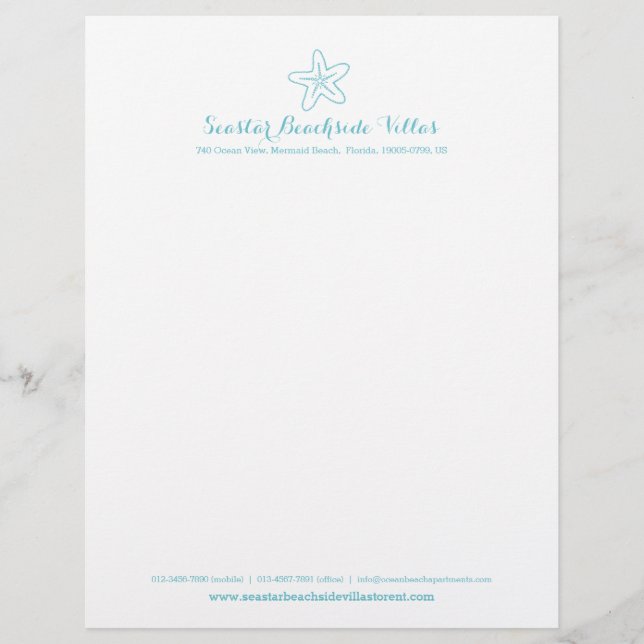 Aqua starfish holiday property business letter personalised letterhead (Front)