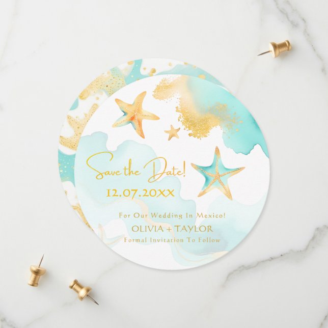 Aqua Starfish Nautical Beach Wedding Save the Date (Front/Back In Situ)