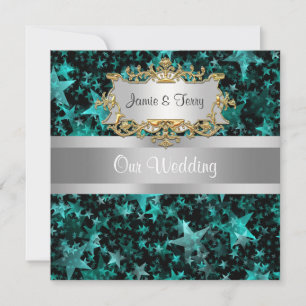 Aqua Stars Grey Ribbon  Wedding Invitation