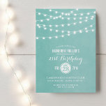 Aqua String Lights 21st Birthday Party Invitation<br><div class="desc">Chic modern summer birthday party invitation design with simple elegant glowing string lights hanging across the top and a classy mix of modern and calligraphy script fonts on a printed faux watercolor texture background. A simple and stylish preppy design, perfect for summer! Click the CUSTOMIZE IT button to customise fonts,...</div>