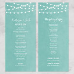 Aqua String Lights Wedding Program Programme<br><div class="desc">Chic modern summer wedding ceremony program template with simple elegant glowing string lights hanging across the top on a printed faux watercolor texture background. A simple and stylish preppy design, perfect for summer! Click the CUSTOMIZE IT button to customise text and fonts, move text around and create your own unique...</div>