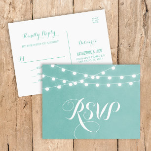 Aqua String Lights Wedding RSVP Postcard