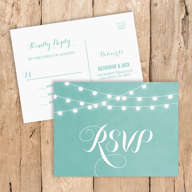 Aqua String Lights Wedding RSVP Postcard (Creator Uploaded)