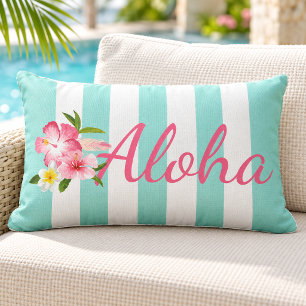 Aqua Stripe Aloha Hibiscus Tropical Lumbar Cushion