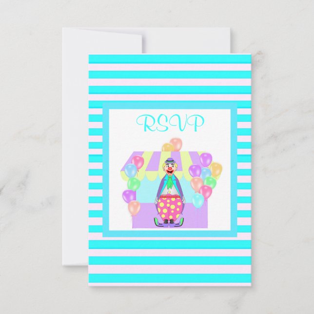 Aqua stripe clown circus rsvp card (Front)