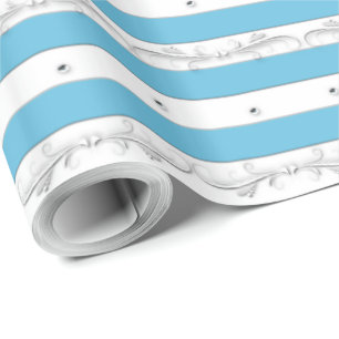 Aqua Stripe with silver ornate trim Wrapping Paper