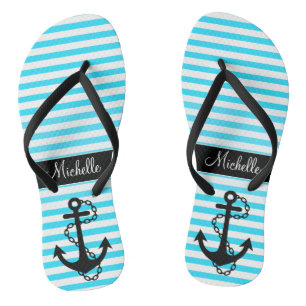Aqua Striped Name with Anchor Flip Flops