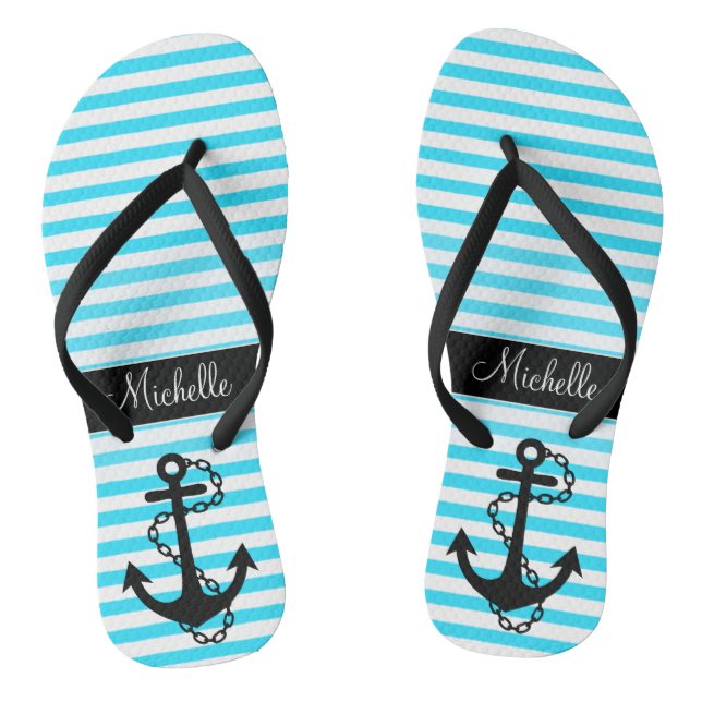 Aqua Striped Name with Anchor Flip Flops (Footbed)