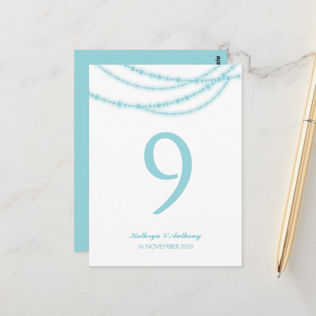 Aqua Stylish Sparkling Lights Wedding Table Number Postcard (Front/Back In Situ)