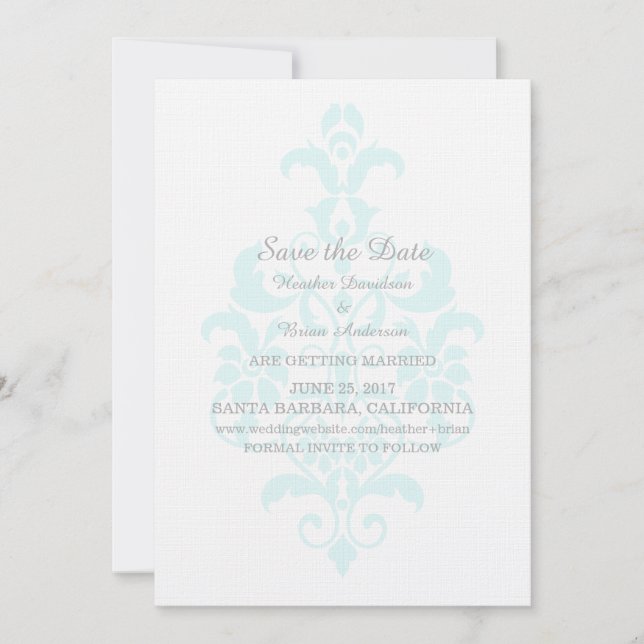 Aqua Subtle Damask Save the Date Invite (Front)