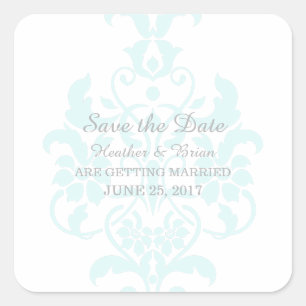 Aqua Subtle Damask Save the Date Stickers