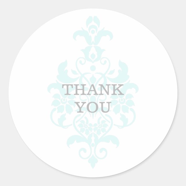 Aqua Subtle Damask Thank You Stickers (Front)