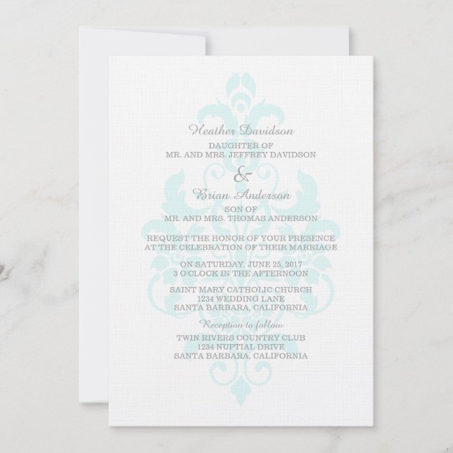 Aqua Subtle Damask Wedding Invite (Front)