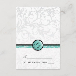Aqua Swirl Monogram Folding Tent  Place Card