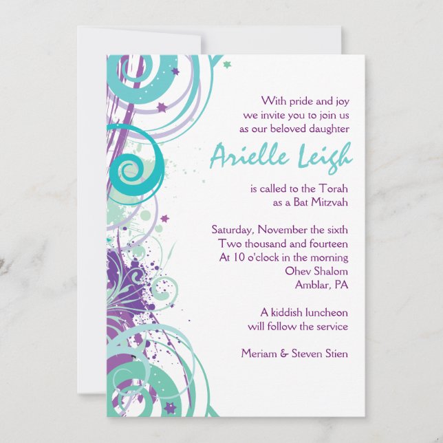 AQUA SWIRLS & STARS Bat Mitzvah Invitation (Front)