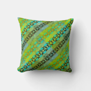 Aqua Tan Black Lime Green Diagonal Mosaic Rows Cushion