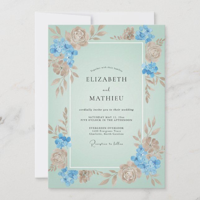 Aqua Tan Blossom Wedding Invitation (Front)