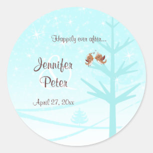 Aqua, Taupe, Brown Lovebirds Wedding Plate Classic Round Sticker