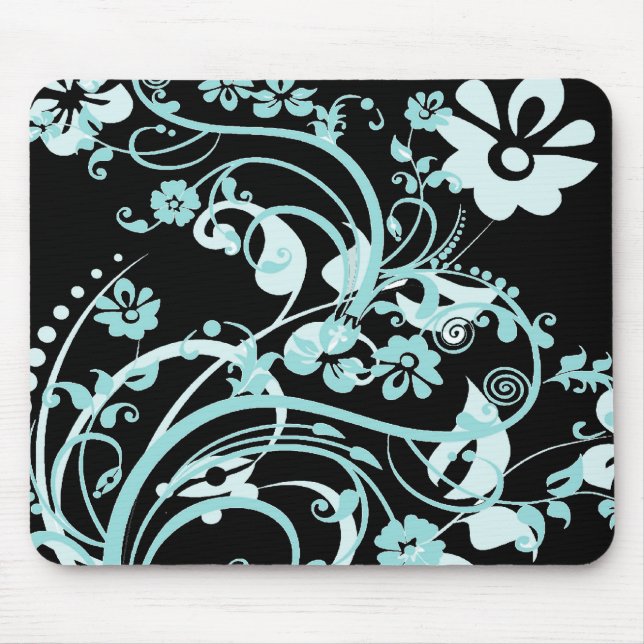 Aqua Teal and Black Floral Swirls Gifts for Girls Mouse Pad (Front)