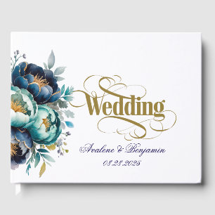 Aqua Teal and Navy Peony Bouquet Wedding Guest Book