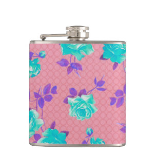 Aqua Teal and pink Floral Print Hip Flask