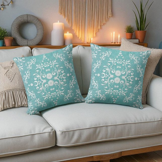 Aqua Teal and White Floral Damask Cushion (Creator Uploaded)