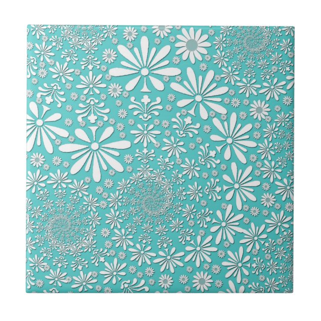Aqua Teal and White Spring Flowers Pattern Tile (Front)