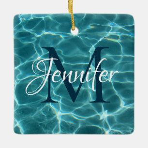 Aqua Teal and White Swimming Pool Photo Monogram Ceramic Ornament