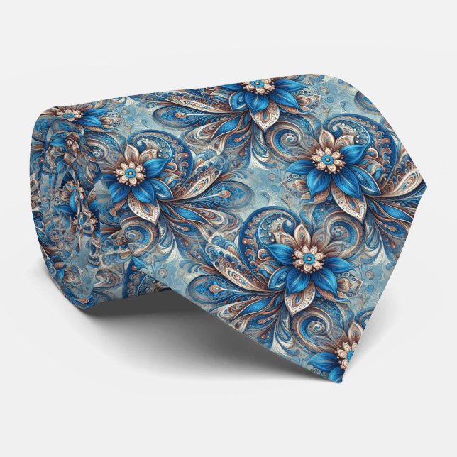 Aqua Teal Azure Blue Beige Paisley Art Pattern Tie (Rolled)