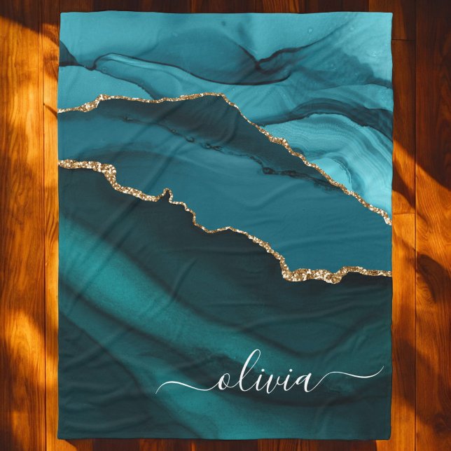 Aqua Teal Blue Agate Geode Gold Monogram Fleece Blanket (Creator Uploaded)