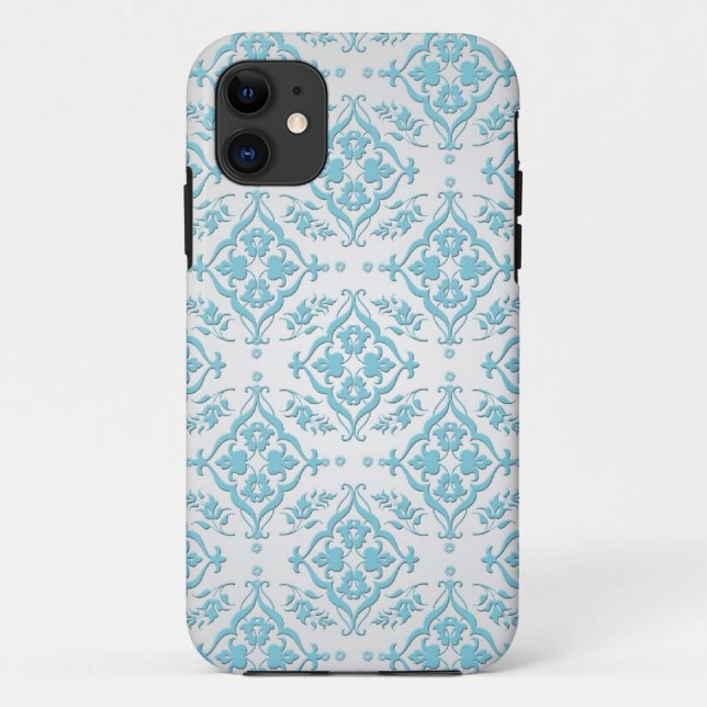 Aqua Teal Blue and Silver Damask Case-Mate iPhone Case (Back)