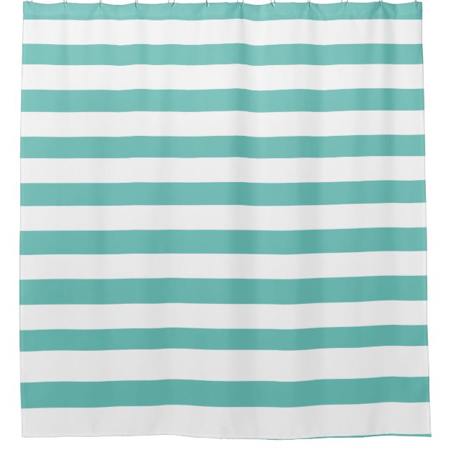 Aqua Teal Blue and White Striped Nautical Coastal  Shower Curtain (Front)