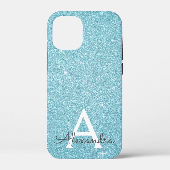 Aqua Teal Blue Glitter and Sparkle Monogram Case-Mate iPhone Case (Back)