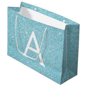 Aqua Teal Blue Glitter & Sparkle Monogram Large Gift Bag