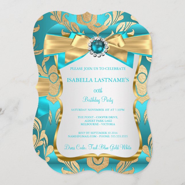 Aqua Teal Blue Gold Damask Birthday Party Invite (Front/Back)