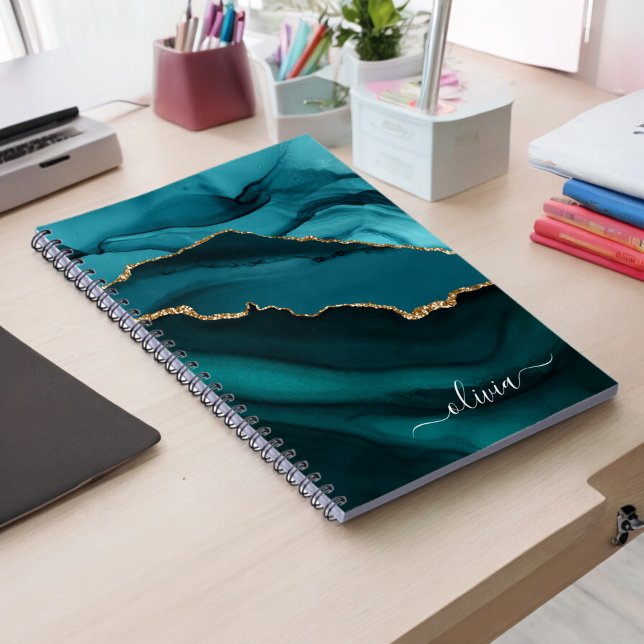 Aqua Teal Blue Green Agate Geode Gold Monogram Notebook (Creator Uploaded)