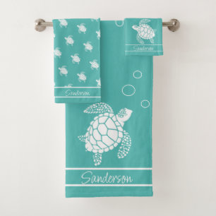 Aqua Teal Blue Monogram White Sea Turtle Nautical Bath Towel Set